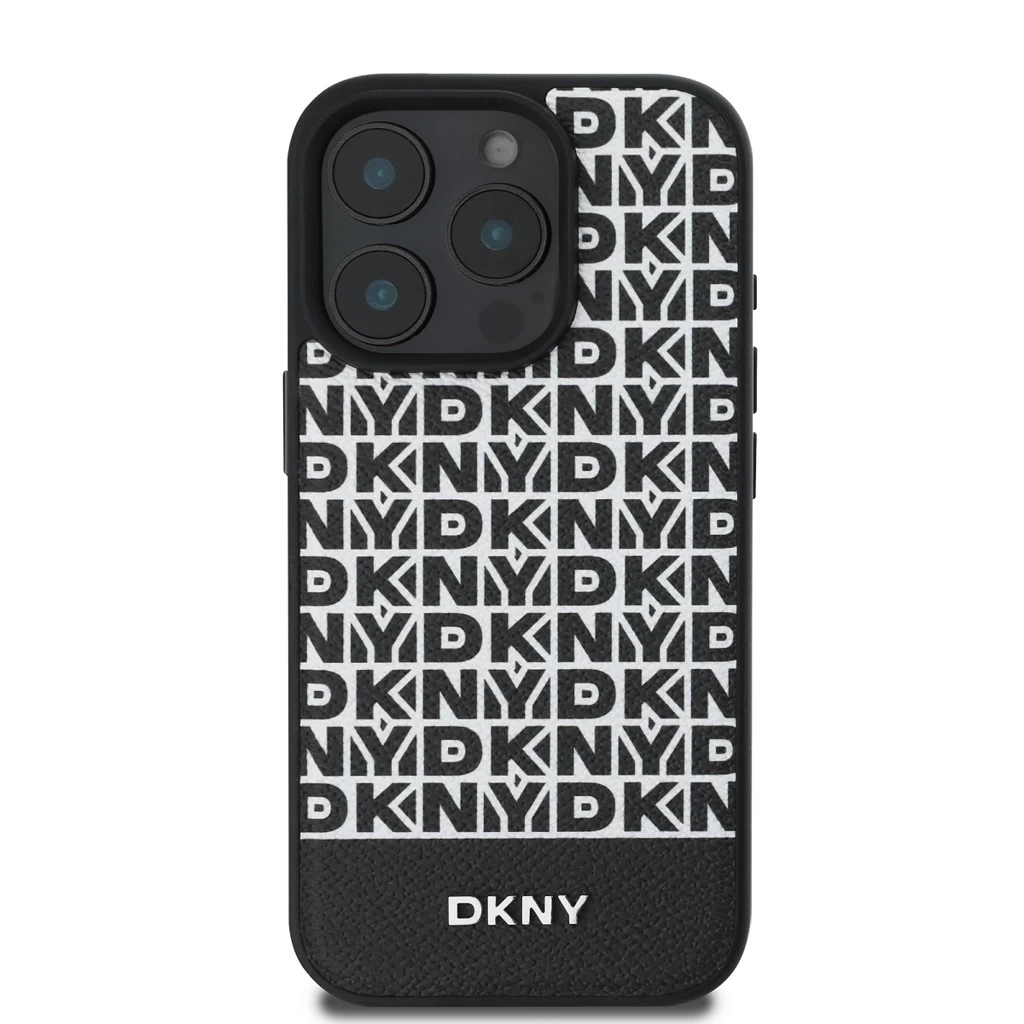 DKNY PU bőr ismétlődő minta alsó csík MagSafe tok iPhone 16 Pro készülékhez fekete