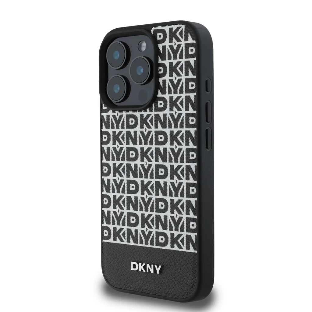 DKNY PU bőr ismétlődő minta alsó csík MagSafe tok iPhone 16 Pro készülékhez fekete