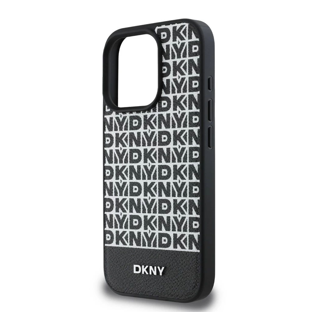 DKNY PU bőr ismétlődő minta alsó csík MagSafe tok iPhone 16 Pro készülékhez fekete