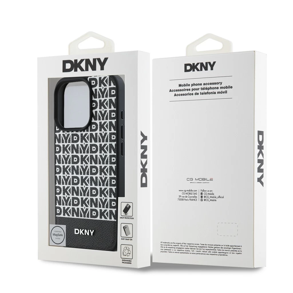 DKNY PU bőr ismétlődő minta alsó csík MagSafe tok iPhone 16 Pro készülékhez fekete