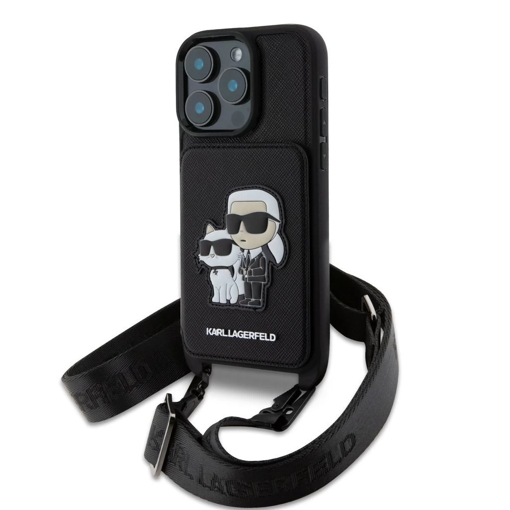 Karl Lagerfeld Saffiano Crossbody Strap Karl and Choupette tok iPhone 16 Pro készülékhez fekete