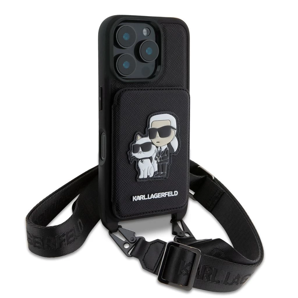 Karl Lagerfeld Saffiano Crossbody Strap Karl and Choupette tok iPhone 16 Pro készülékhez fekete