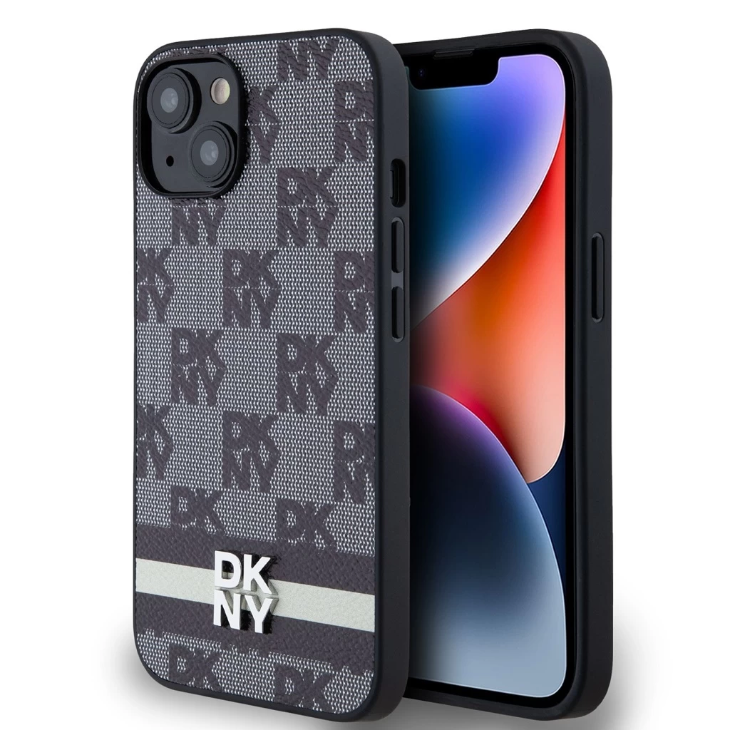 DKNY PU Leather Checkered Pattern and Stripe tok iPhone 14 készülékhez fekete