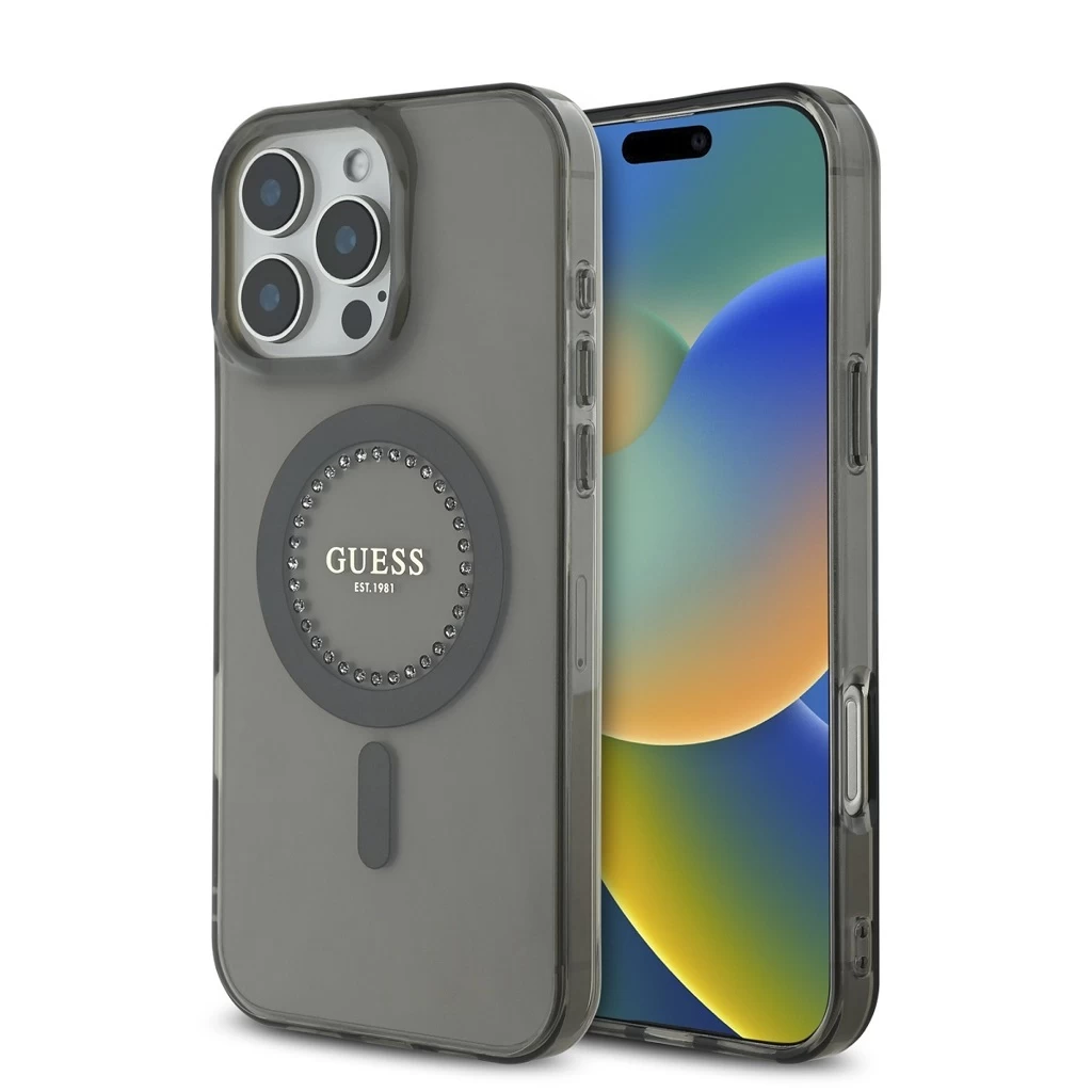 Guess IML Rhinestones Ring MagSafe tok iPhone 16 Pro Max készülékhez fekete