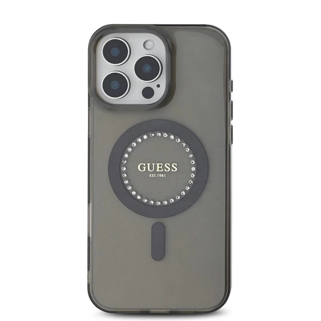 Guess IML Rhinestones Ring MagSafe tok iPhone 16 Pro Max készülékhez fekete