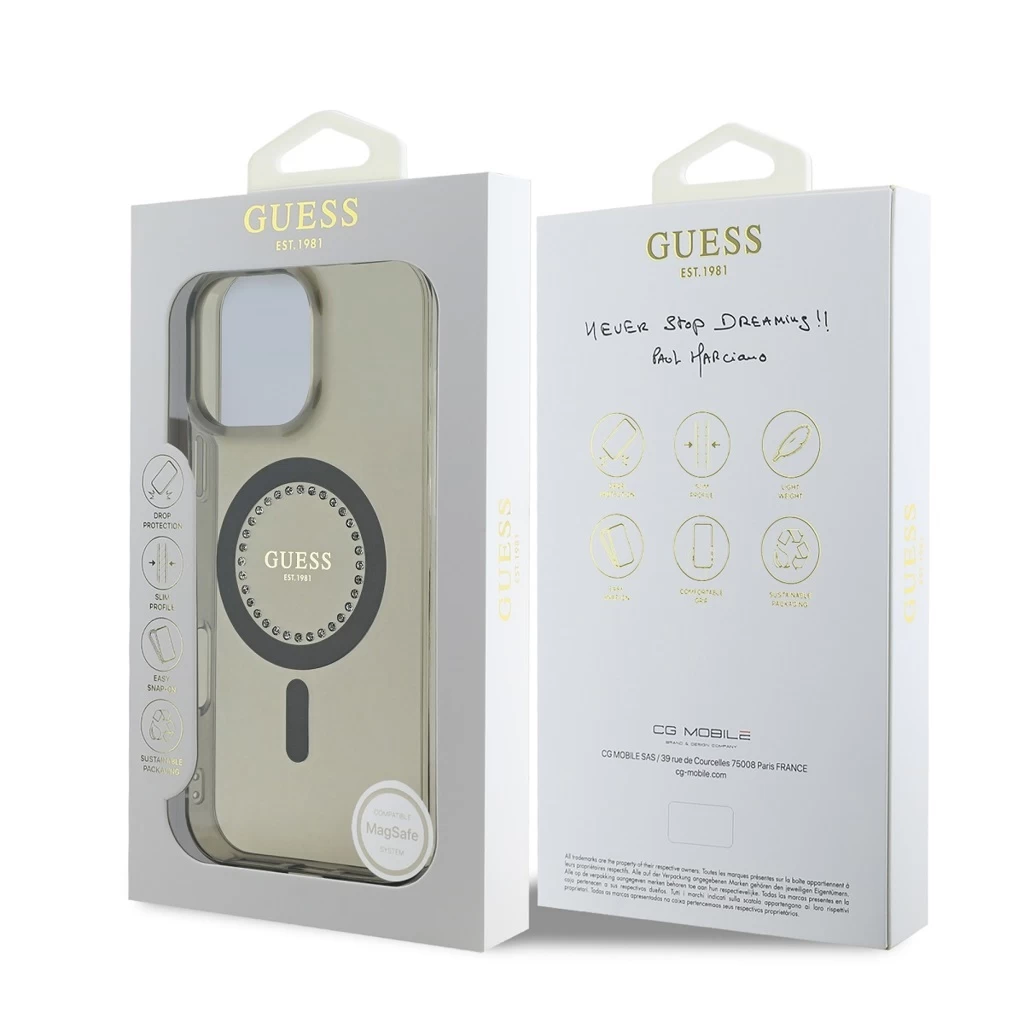 Guess IML Rhinestones Ring MagSafe tok iPhone 16 Pro Max készülékhez fekete
