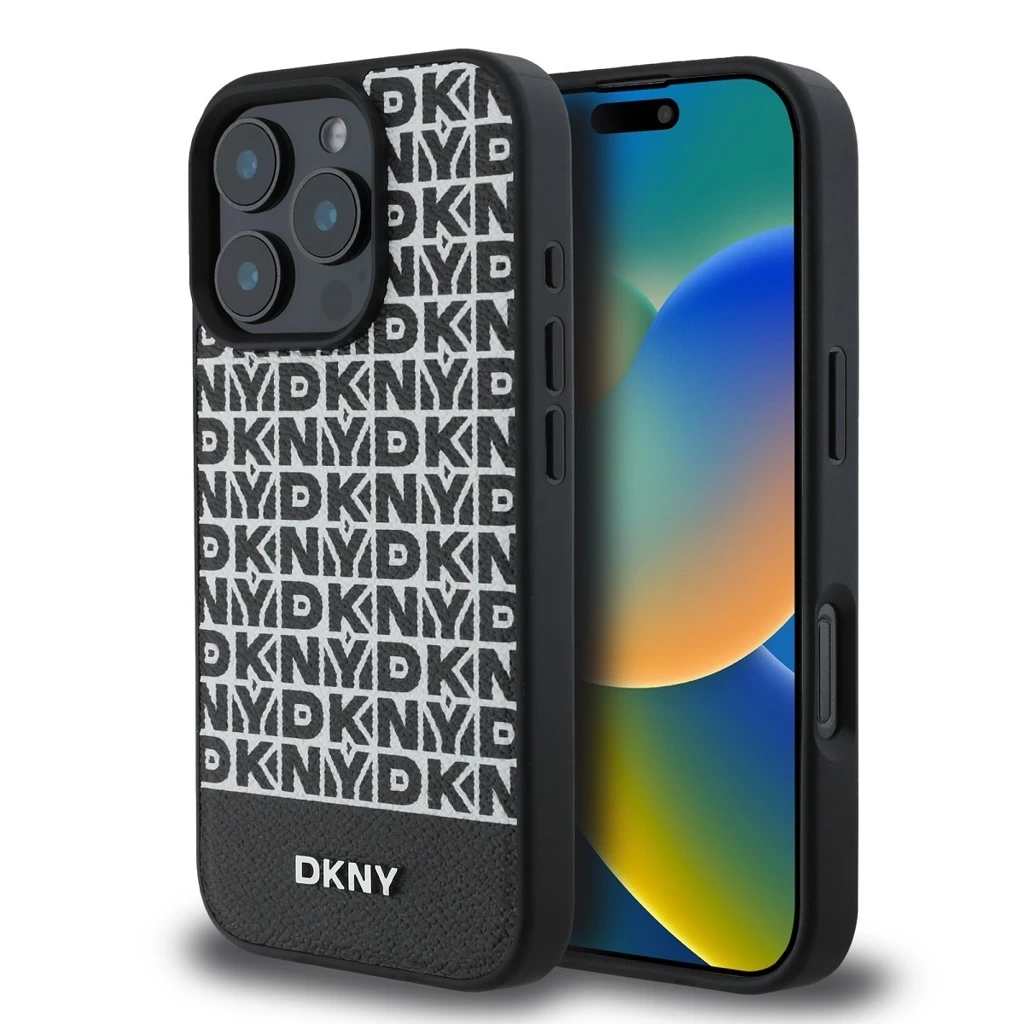 DKNY PU Leather Repeat Pattern Bottom Stripe MagSafe tok iPhone 16 Pro Max készülékhez fekete