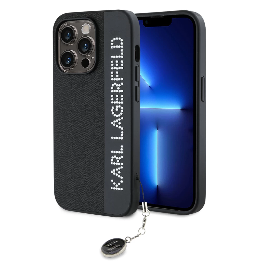 Karl Lagerfeld PU Saffiano Rhinestone Charm tok iPhone 14 Pro készülékhez fekete
