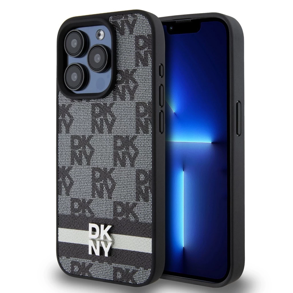 DKNY PU bőr Checkered Pattern and Stripe tok iPhone 14 Pro készülékhez fekete