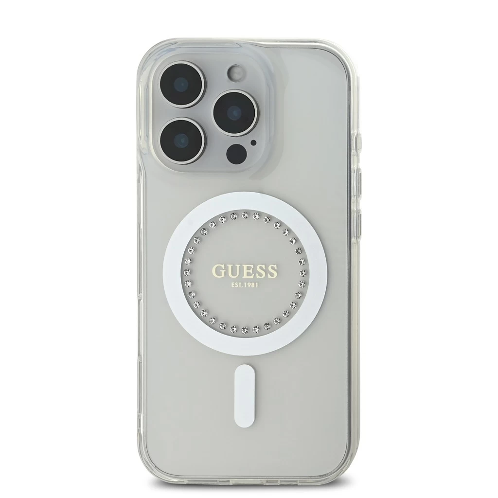Guess IML Rhinestones Ring MagSafe tok iPhone 16 Pro készülékhez fehér