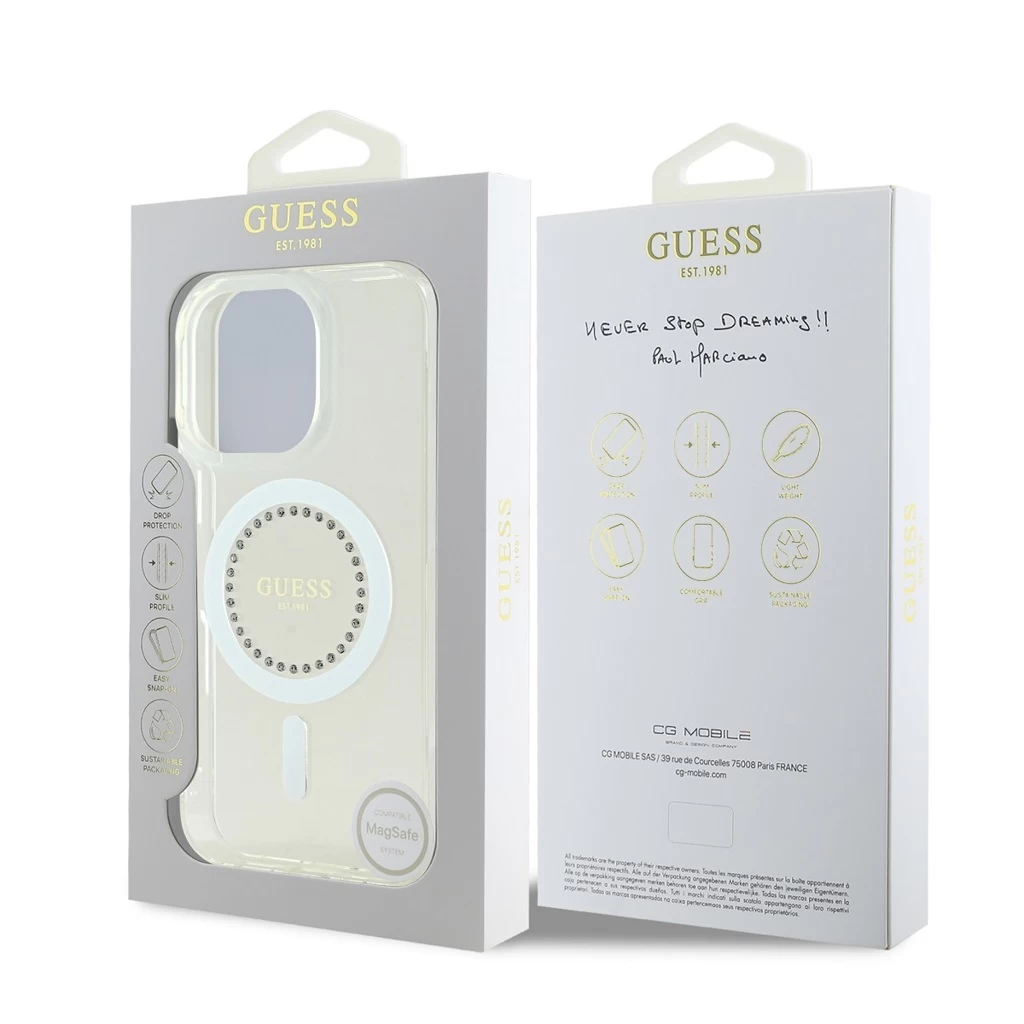 Guess IML Rhinestones Ring MagSafe tok iPhone 16 Pro készülékhez fehér