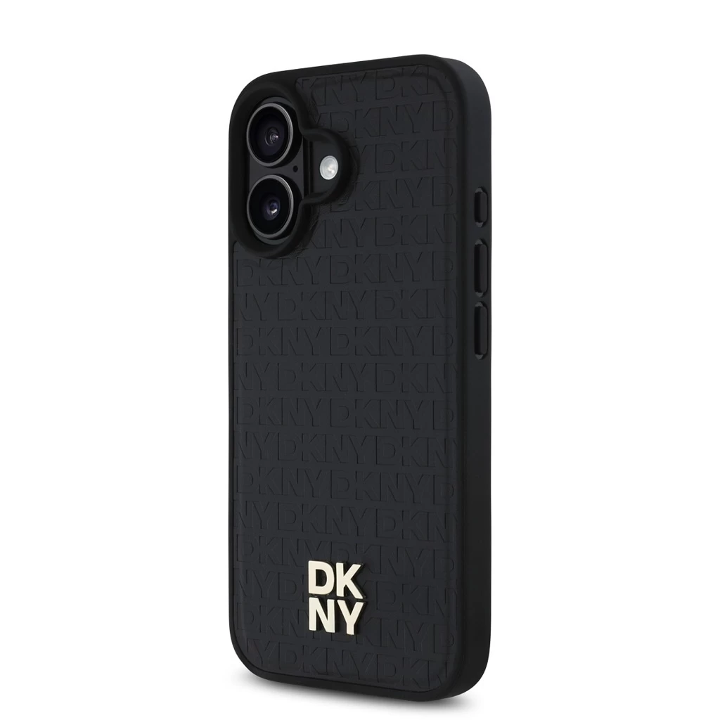 DKNY PU Leather Repeat Pattern Stack Logo MagSafe tok iPhone 16 Plus készülékhez fekete