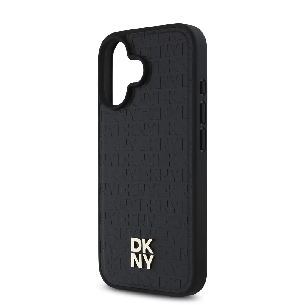 DKNY PU Leather Repeat Pattern Stack Logo MagSafe tok iPhone 16 Plus készülékhez fekete