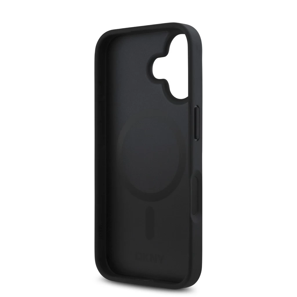 DKNY PU Leather Repeat Pattern Stack Logo MagSafe tok iPhone 16 Plus készülékhez fekete