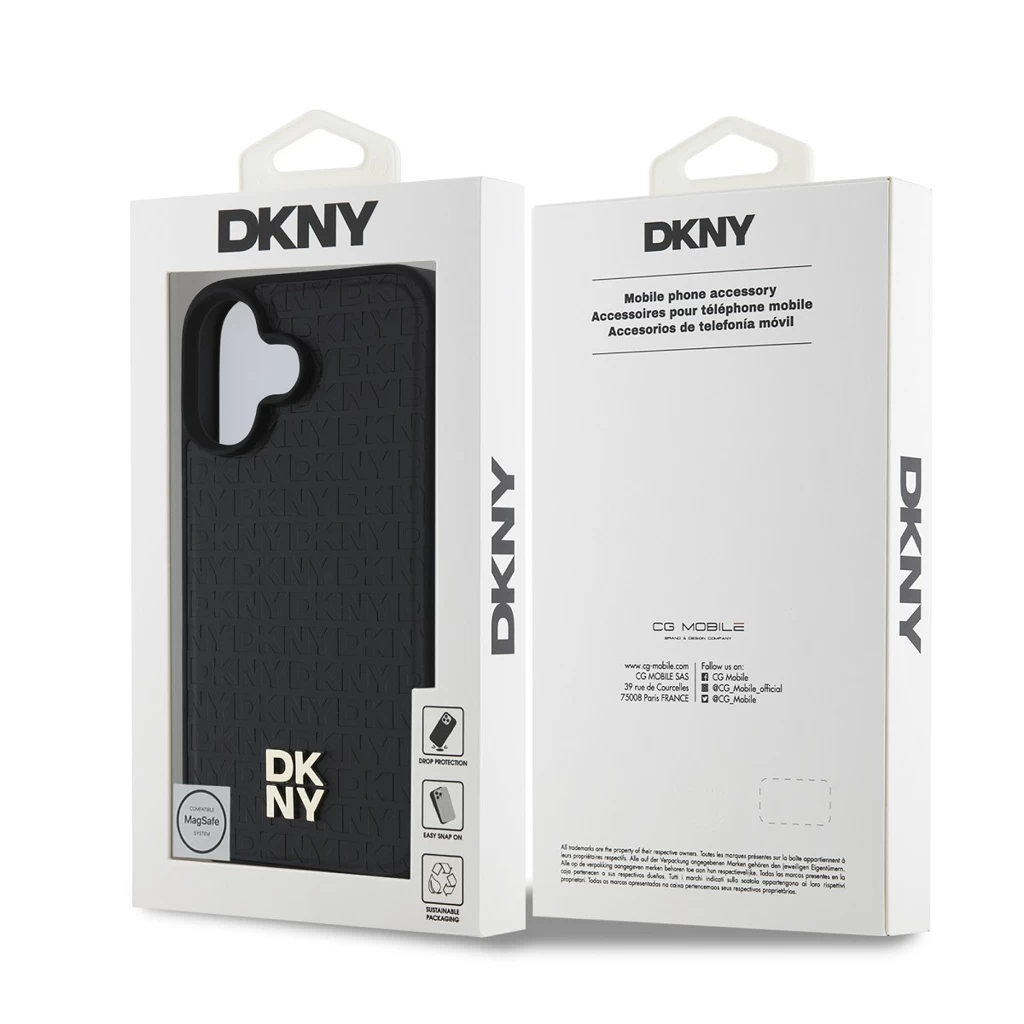 DKNY PU Leather Repeat Pattern Stack Logo MagSafe tok iPhone 16 Plus készülékhez fekete