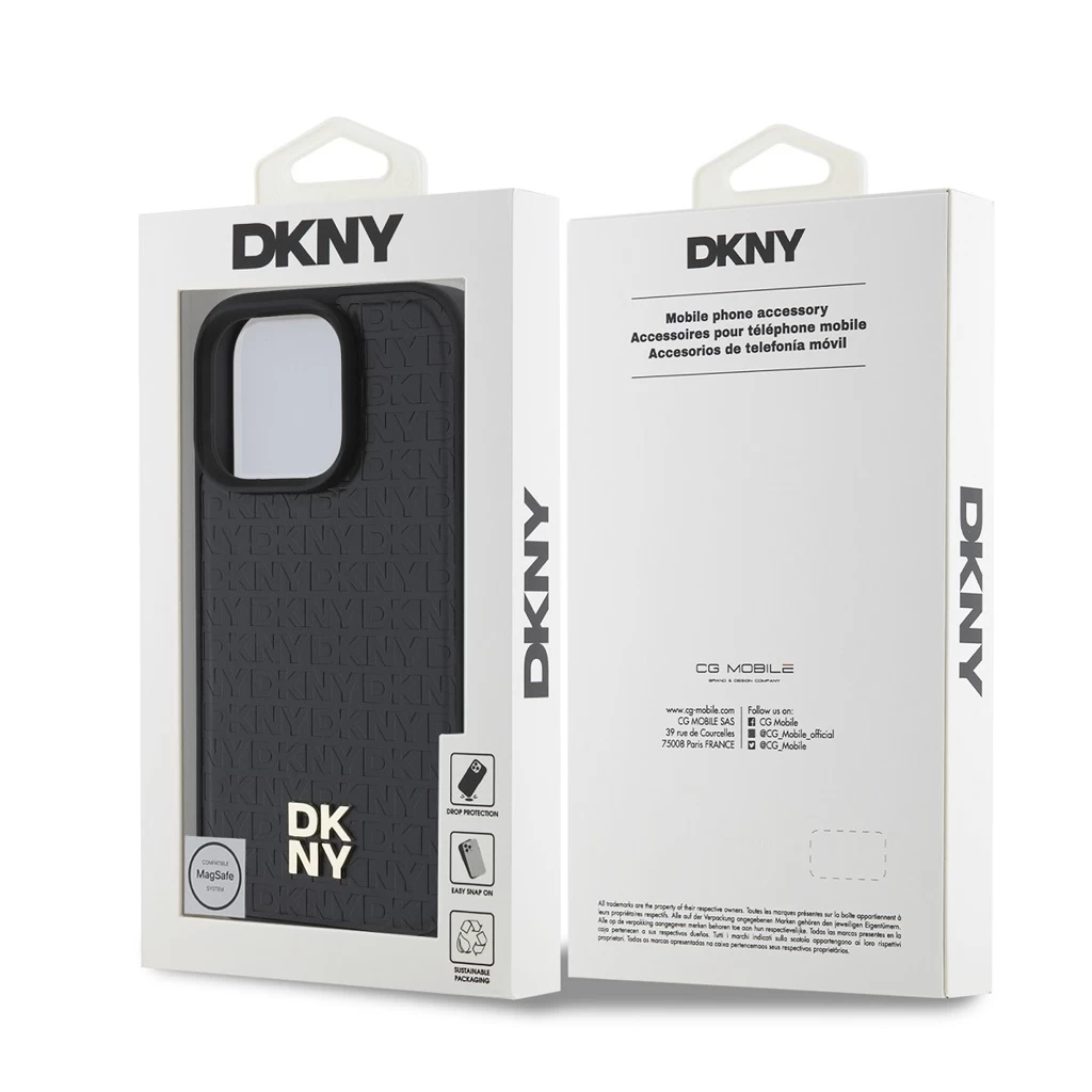 DKNY PU bőr Repeat Pattern Stack Logo MagSafe tok iPhone 16 Pro készülékhez fekete