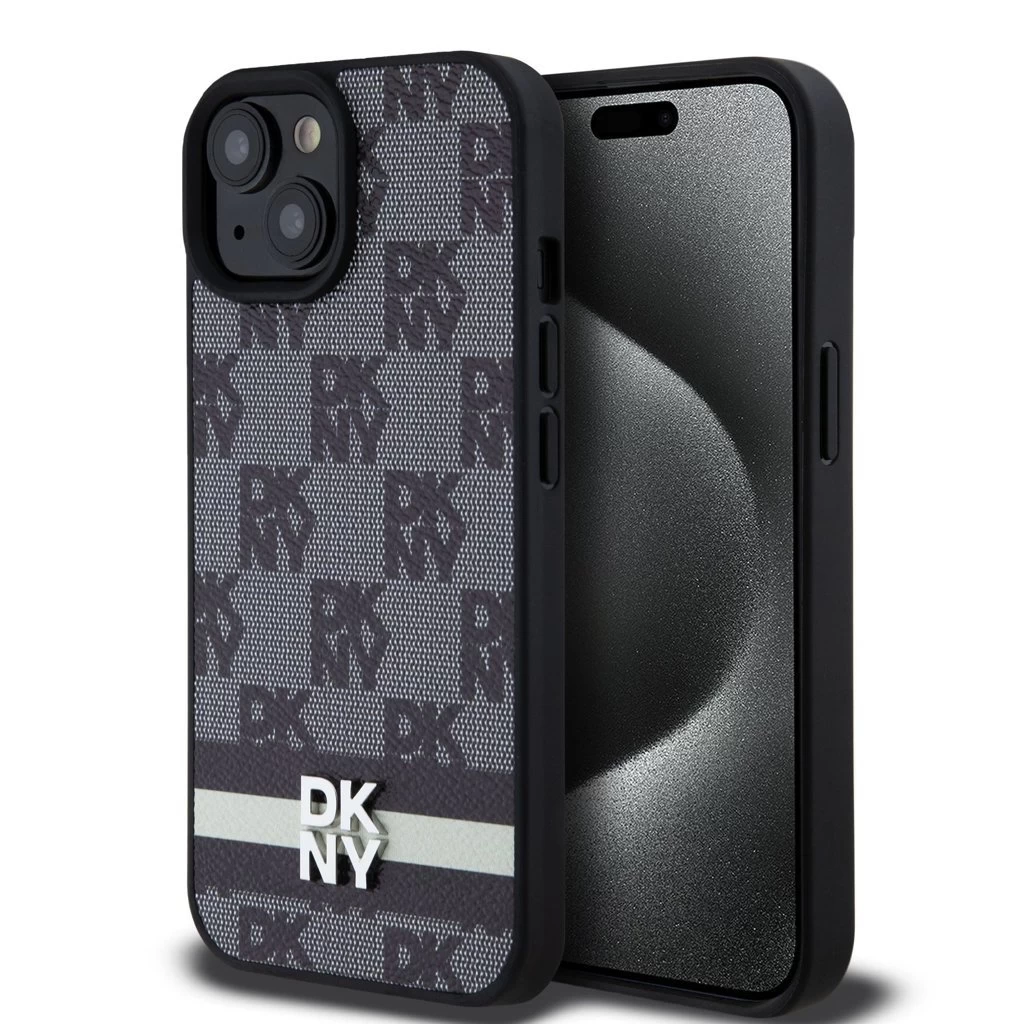 DKNY PU bőr Checkered Pattern and Stripe tok iPhone 15 készülékhez fekete