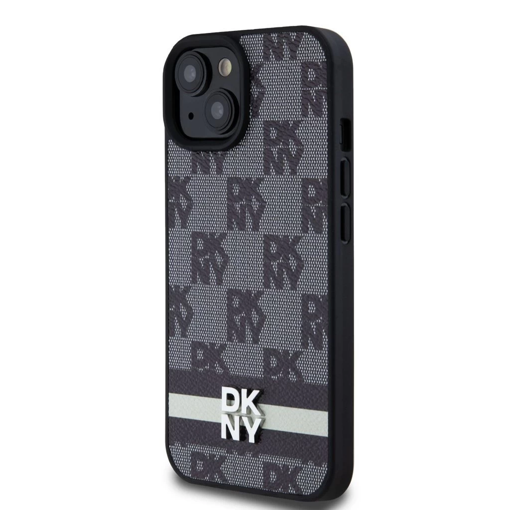 DKNY PU bőr Checkered Pattern and Stripe tok iPhone 15 készülékhez fekete