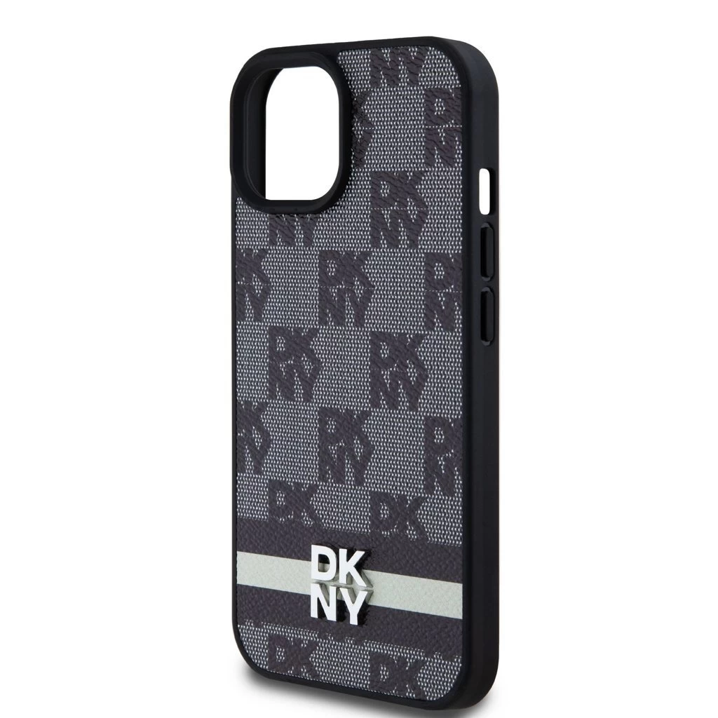 DKNY PU bőr Checkered Pattern and Stripe tok iPhone 15 készülékhez fekete