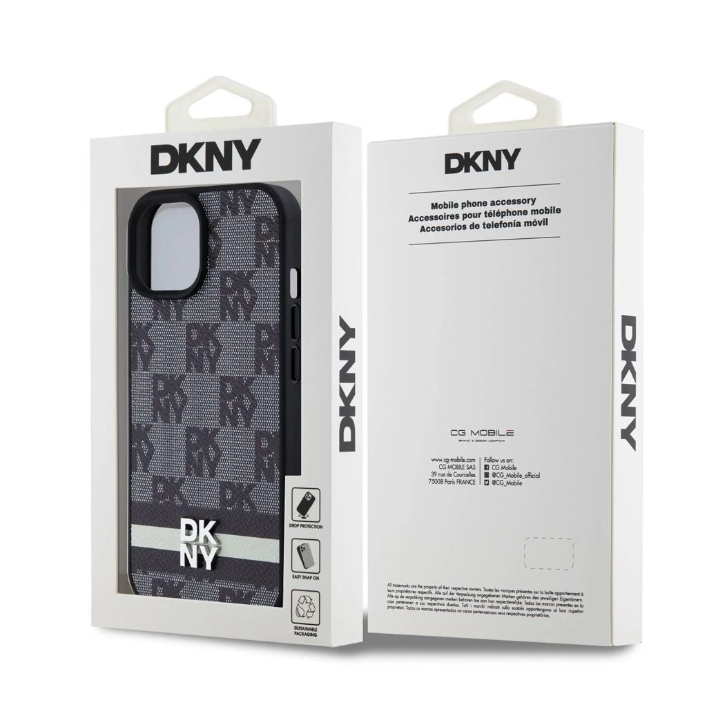 DKNY PU bőr Checkered Pattern and Stripe tok iPhone 15 készülékhez fekete