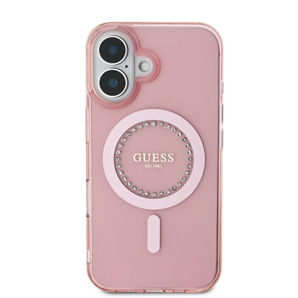 Guess IML Rhinestones Ring MagSafe tok iPhone 16 készülékhez rózsaszín
