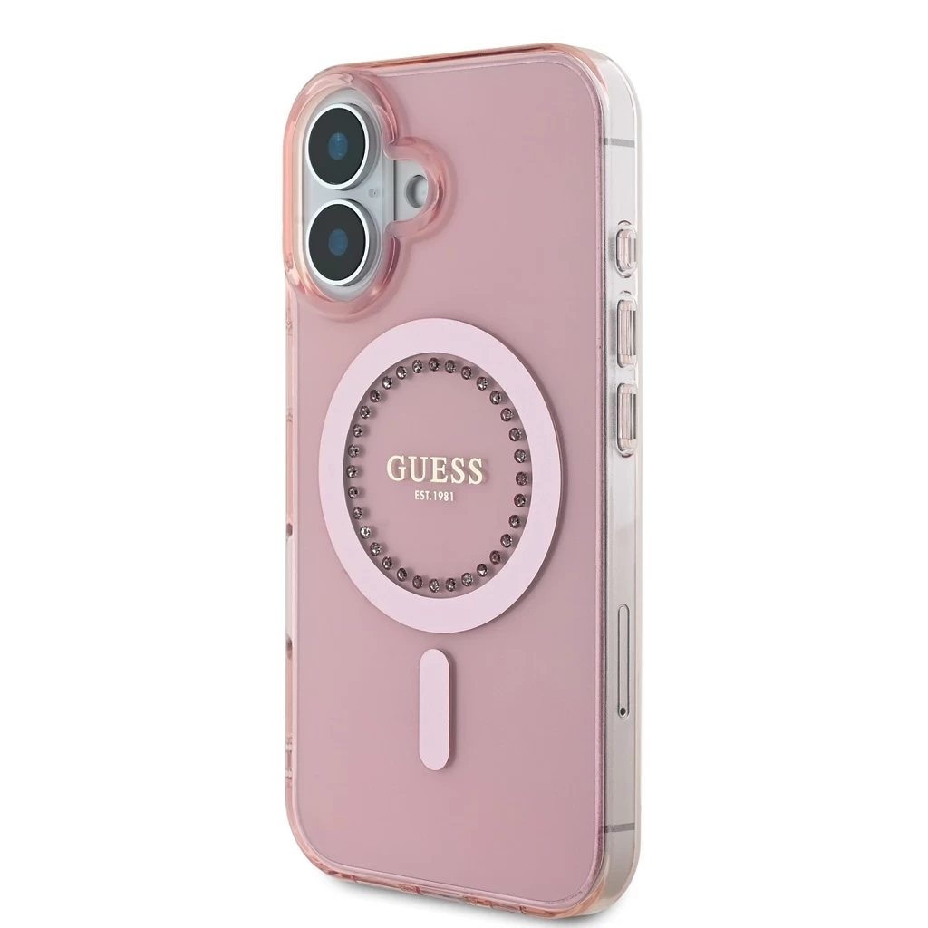 Guess IML Rhinestones Ring MagSafe tok iPhone 16 készülékhez rózsaszín