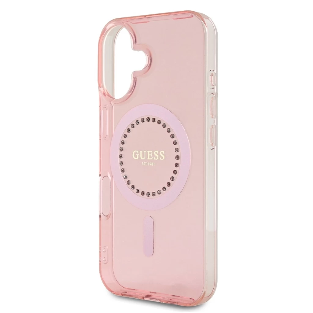 Guess IML Rhinestones Ring MagSafe tok iPhone 16 készülékhez rózsaszín