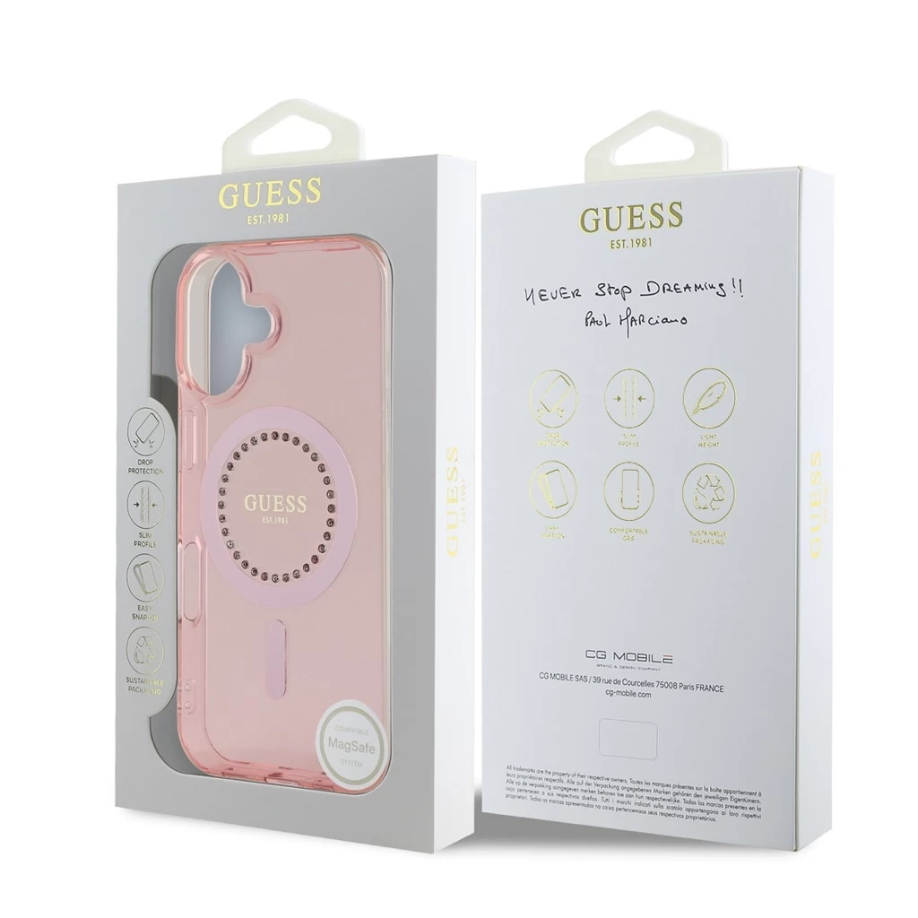 Guess IML Rhinestones Ring MagSafe tok iPhone 16 készülékhez rózsaszín