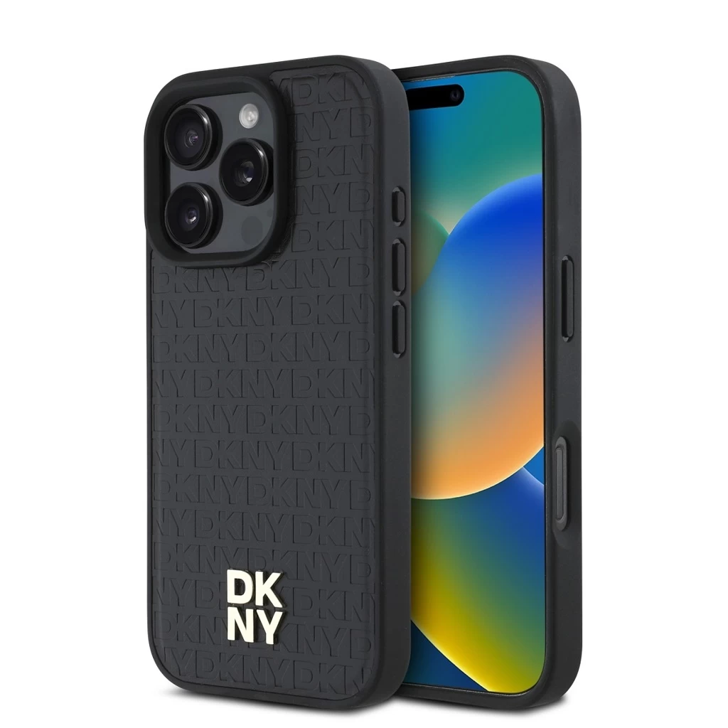 DKNY PU Leather Repeat Pattern Stack Logo MagSafe tok iPhone 16 Pro Max készülékhez fekete