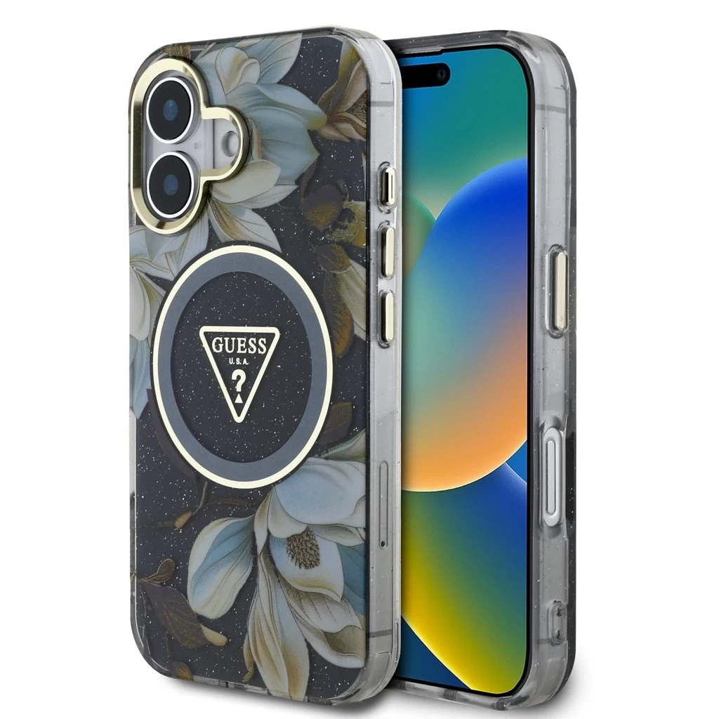 Guess IML Glitter Magnolia and Triangle Logo MagSafe tok iPhone 16 készülékhez fekete Guess IML Glitter Magnolia and Triangle Logo MagSafe tok iPhone 16 készülékhez fekete