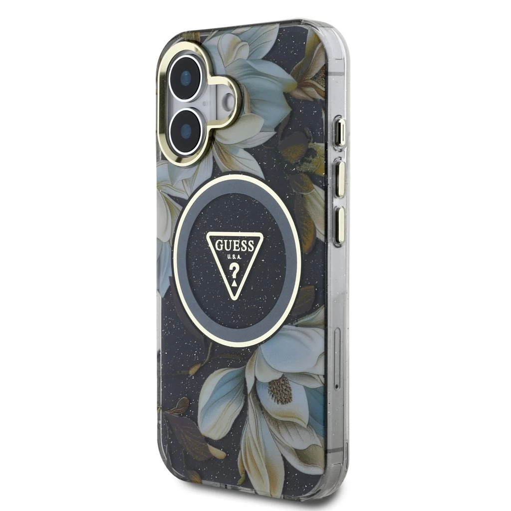 Guess IML Glitter Magnolia and Triangle Logo MagSafe tok iPhone 16 készülékhez fekete