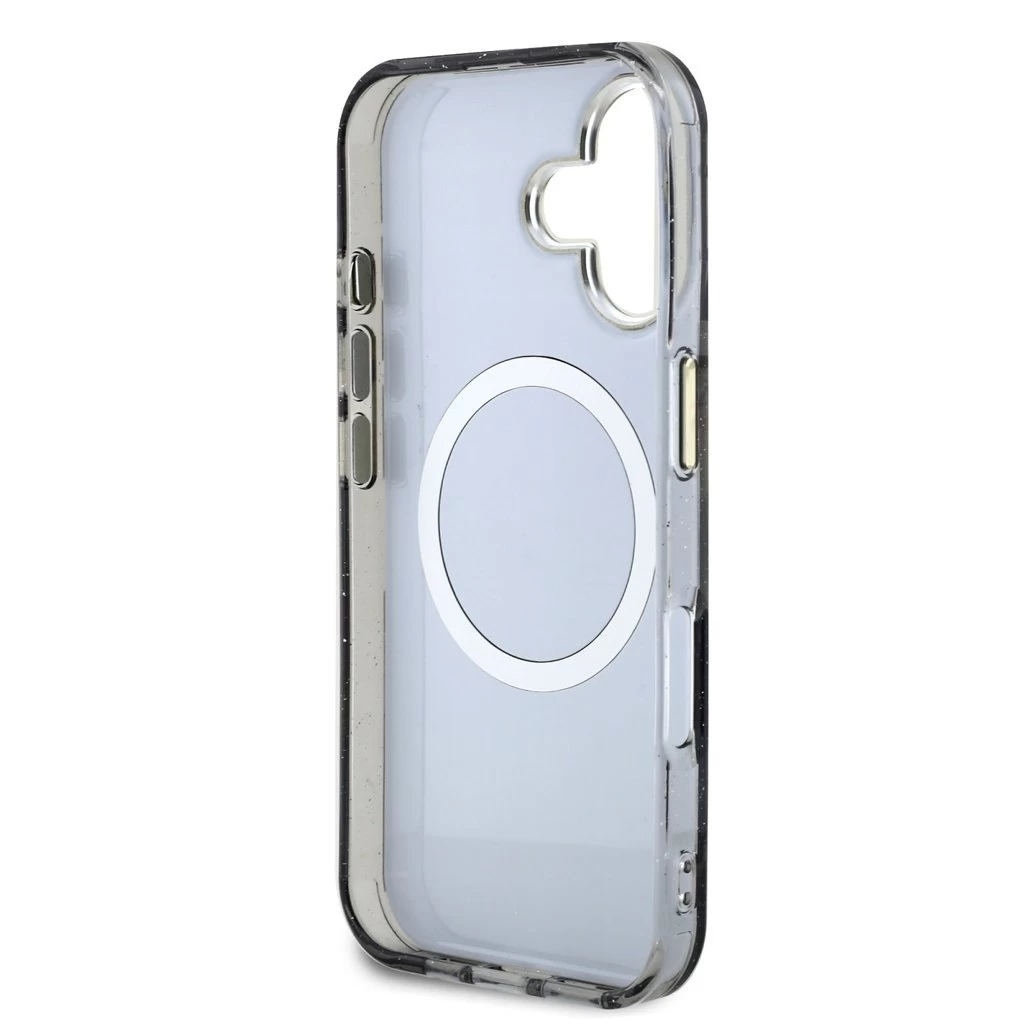 Guess IML Glitter Magnolia and Triangle Logo MagSafe tok iPhone 16 készülékhez fekete