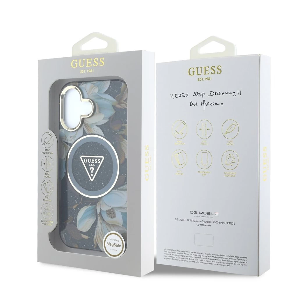 Guess IML Glitter Magnolia and Triangle Logo MagSafe tok iPhone 16 készülékhez fekete
