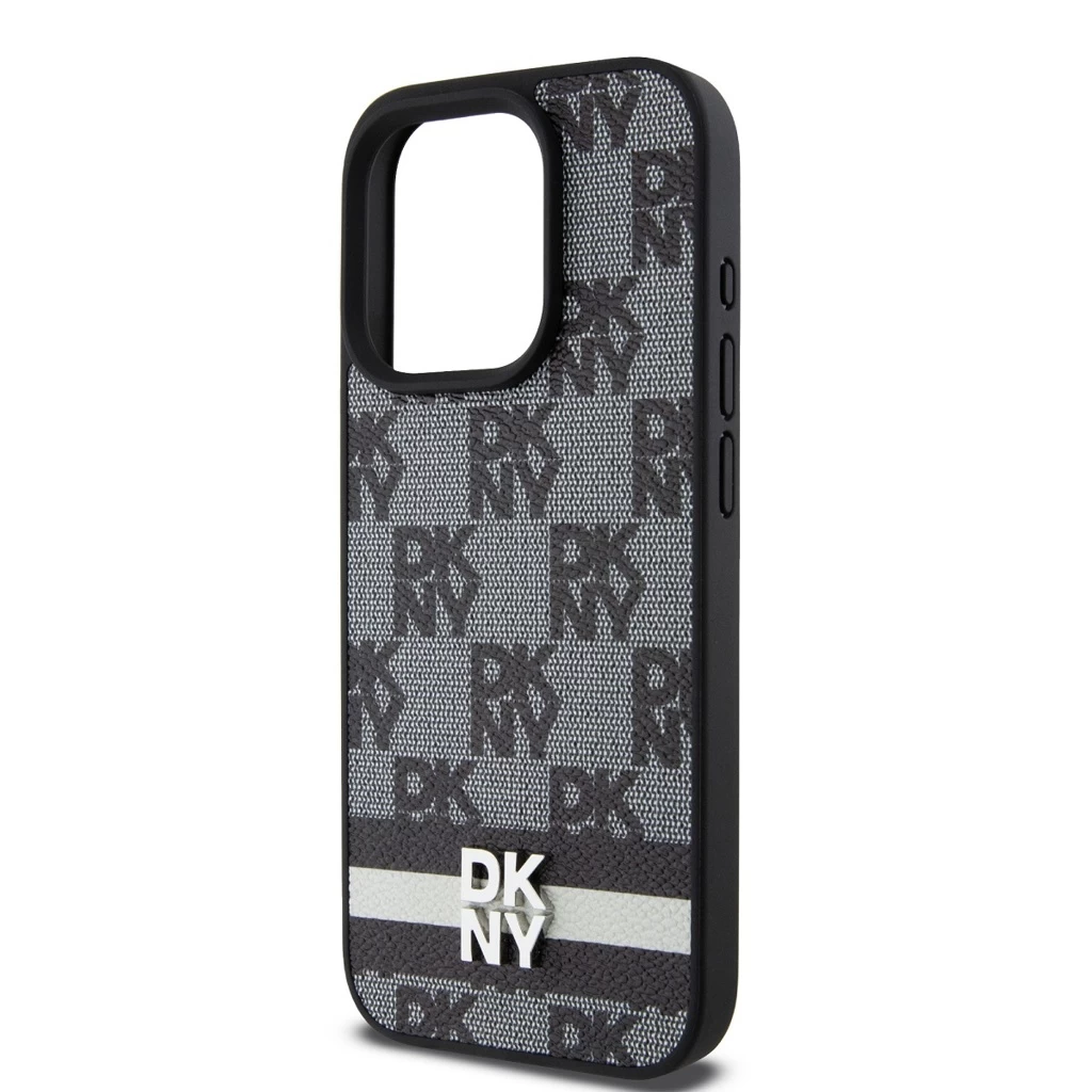 DKNY PU Leather Checkered Pattern and Stripe tok iPhone 15 Pro készülékhez fekete