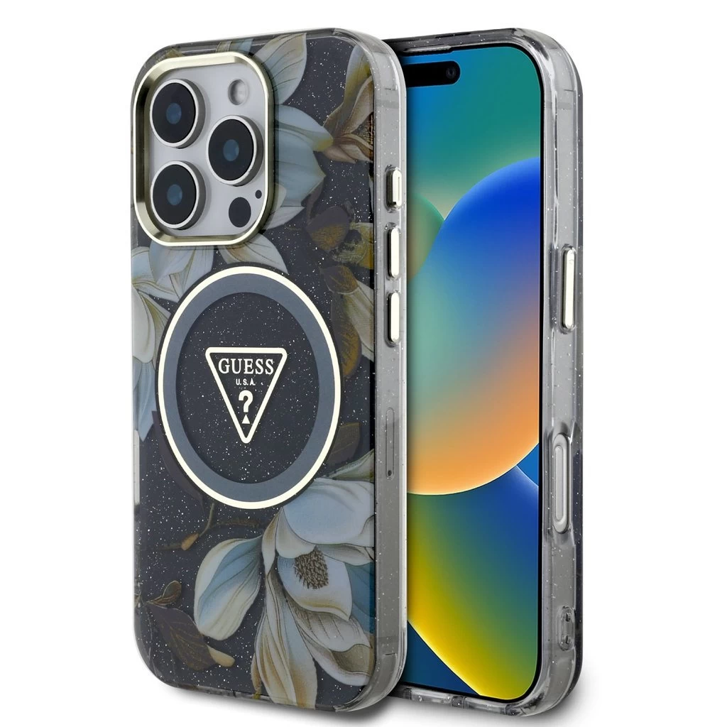 Guess IML Glitter Magnolia and Triangle Logo MagSafe tok iPhone 16 Pro készülékhez fekete