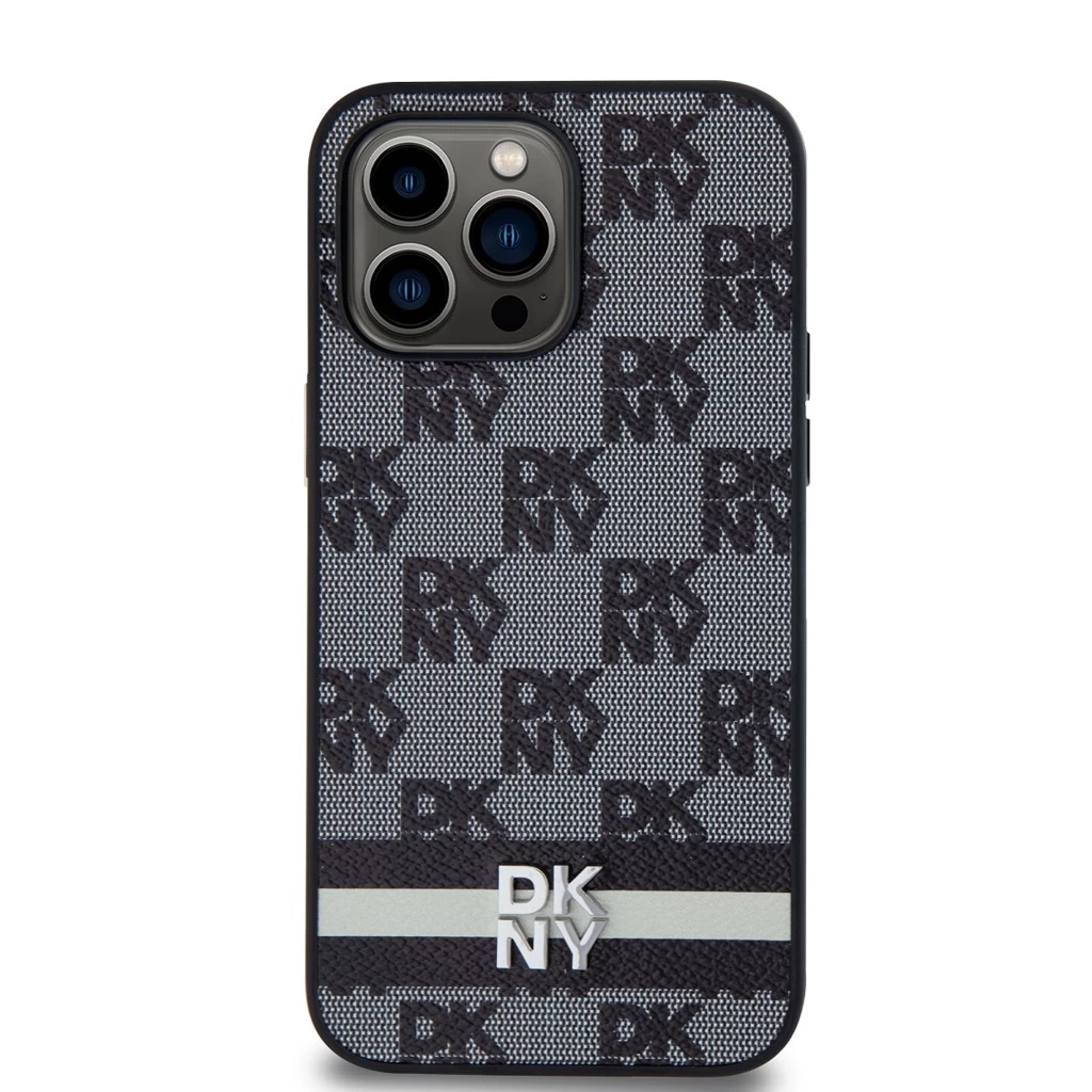 DKNY PU Leather Checkered Pattern and Stripe tok iPhone 15 Pro Max készülékhez fekete