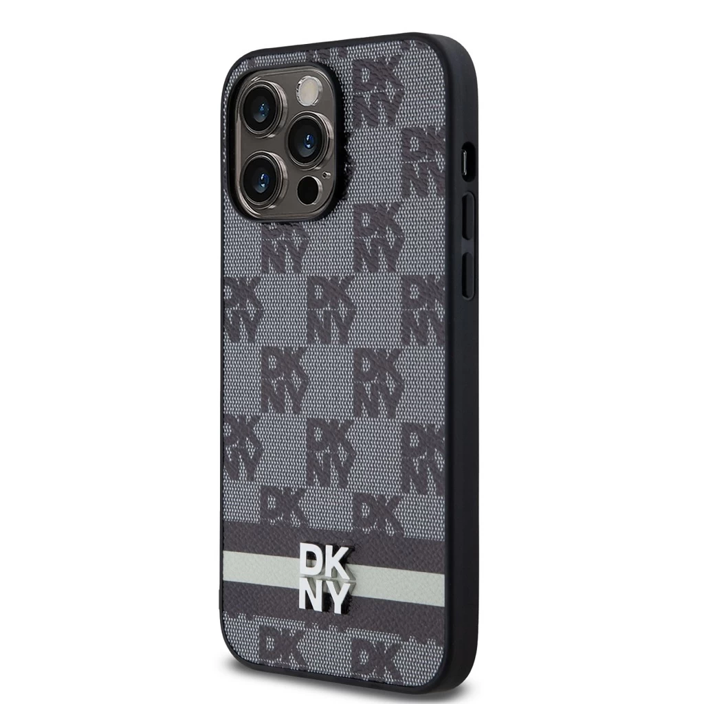DKNY PU Leather Checkered Pattern and Stripe tok iPhone 15 Pro Max készülékhez fekete
