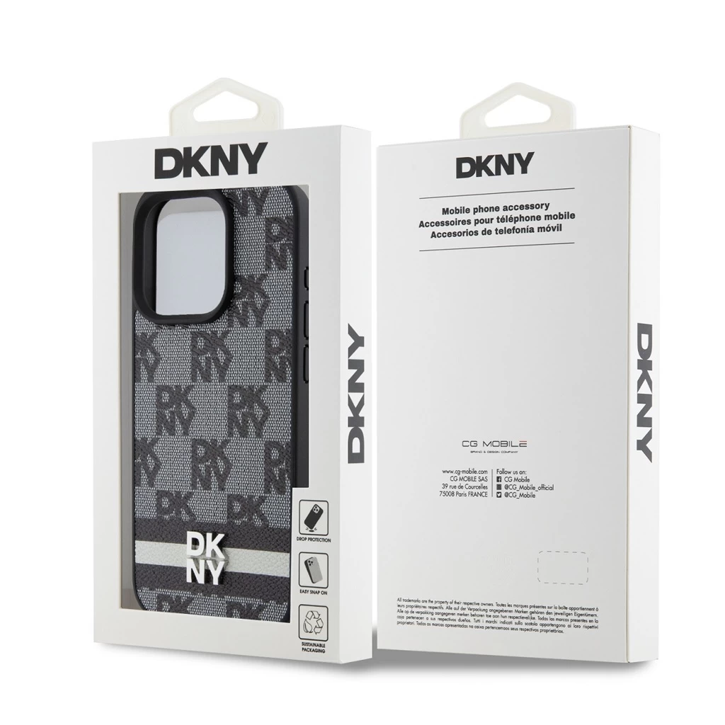 DKNY PU Leather Checkered Pattern and Stripe tok iPhone 15 Pro Max készülékhez fekete
