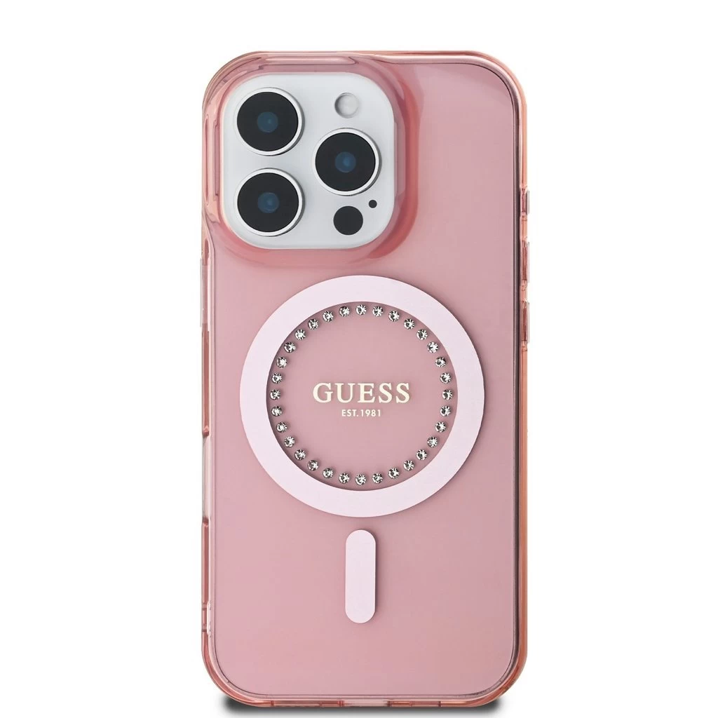 Guess IML Rhinestones Ring MagSafe tok iPhone 16 Pro Max készülékhez rózsaszín