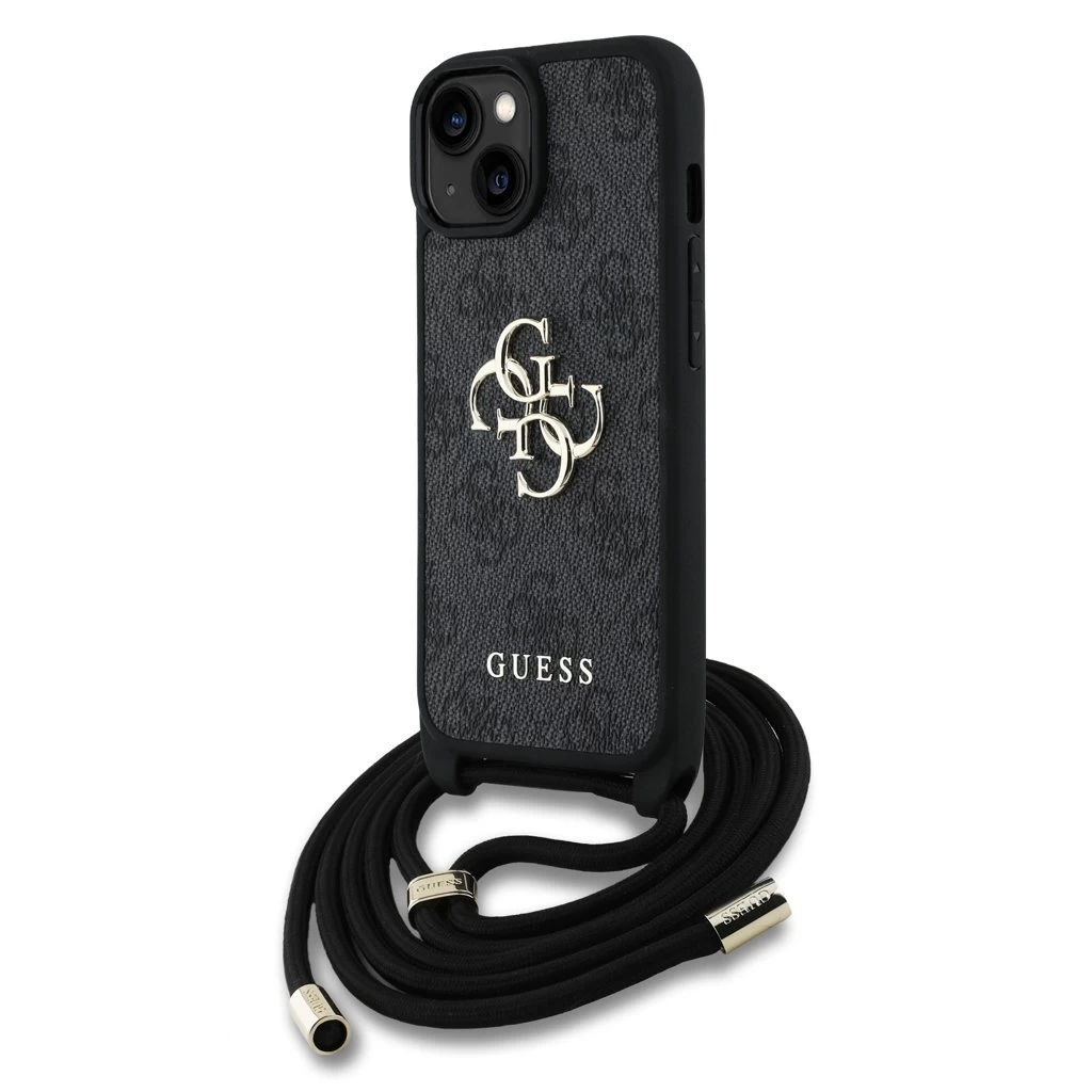 Guess PU 4G Metal Logo vállpántos tok iPhone 15 készülékhez fekete