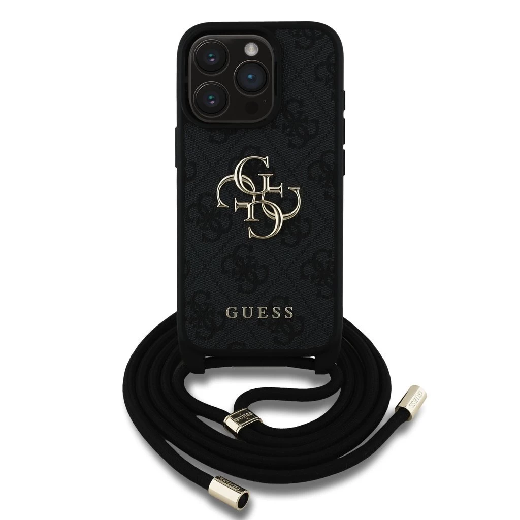 Guess PU 4G Metal Logo Crossbody Strap tok iPhone 15 Pro készülékhez fekete