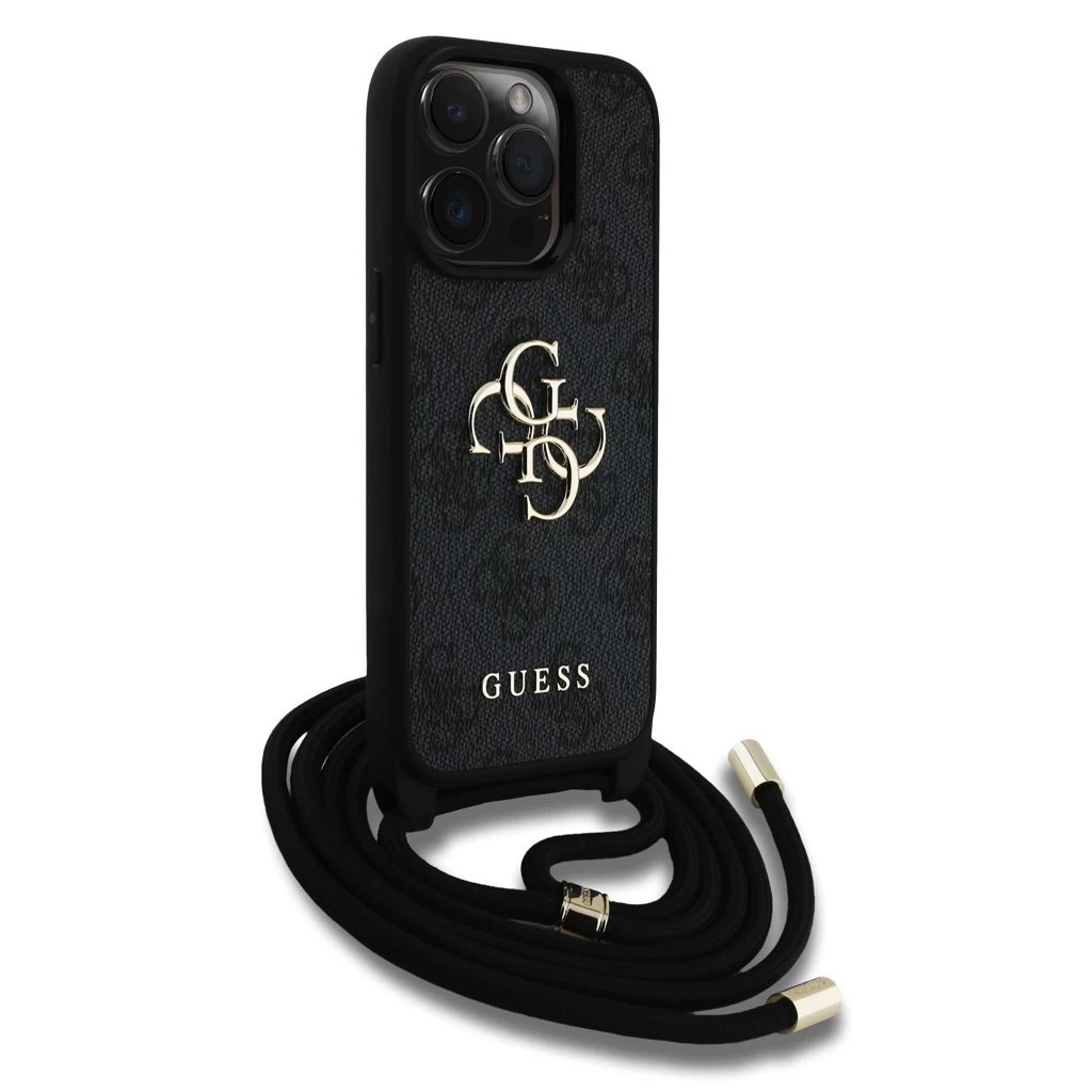 Guess PU 4G Metal Logo Crossbody Strap tok iPhone 15 Pro készülékhez fekete