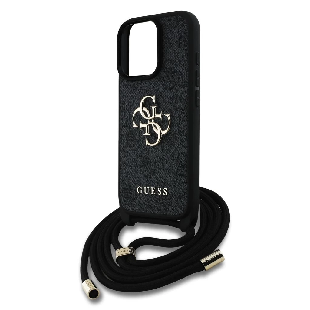 Guess PU 4G Metal Logo Crossbody Strap tok iPhone 15 Pro készülékhez fekete