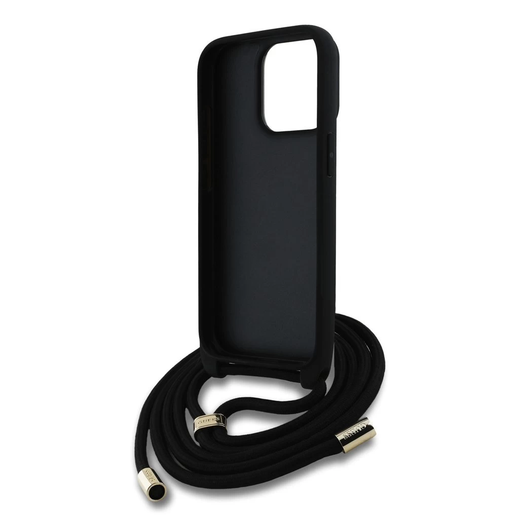 Guess PU 4G Metal Logo Crossbody Strap tok iPhone 15 Pro készülékhez fekete