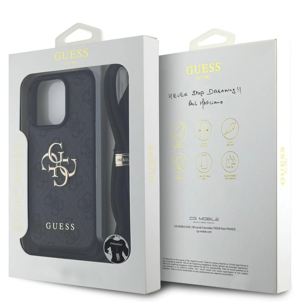 Guess PU 4G Metal Logo Crossbody Strap tok iPhone 15 Pro készülékhez fekete