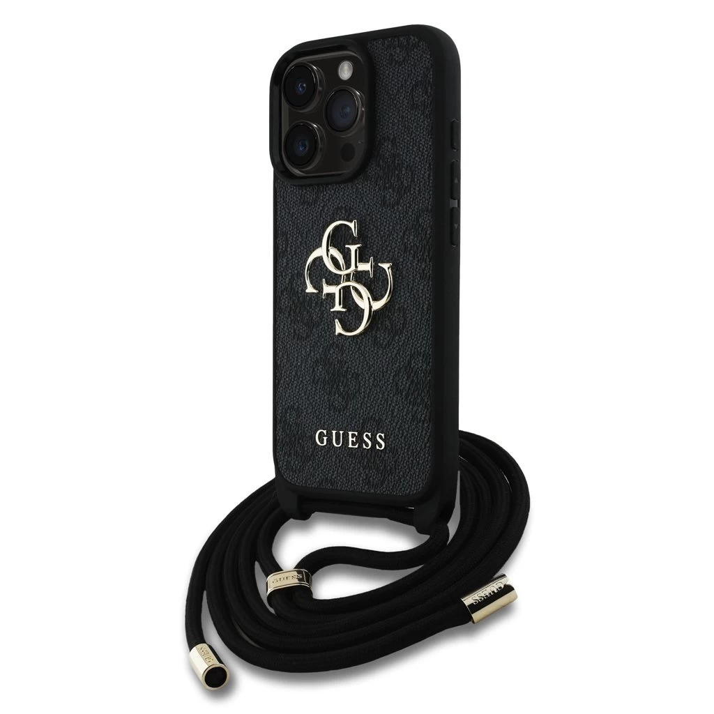 Guess PU 4G Metal Logo Vállpántos Tok iPhone 15 Pro Max készülékhez fekete