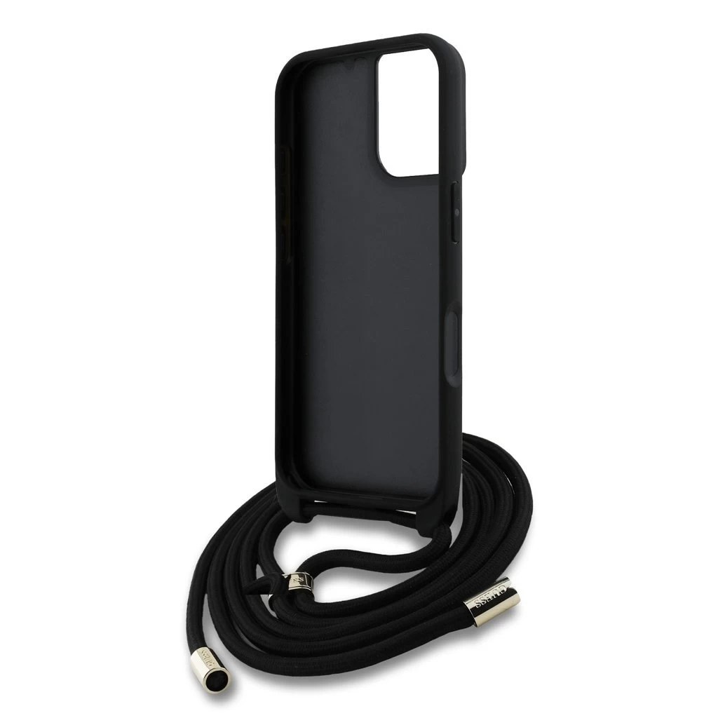 Guess PU 4G fém logó vállpántos tok iPhone 16 készülékhez fekete