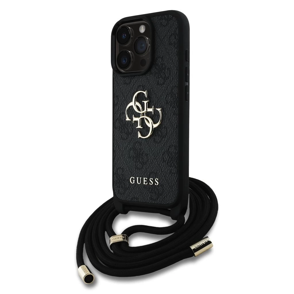 Guess PU 4G Metal Logo Crossbody Strap tok iPhone 16 Pro készülékhez fekete