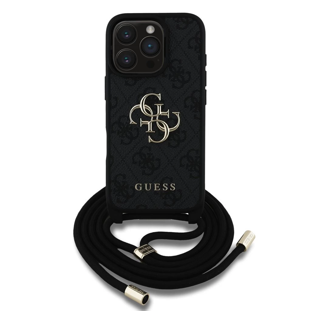 Guess PU 4G Metal Logo Crossbody Strap tok iPhone 16 Pro Max készülékhez fekete