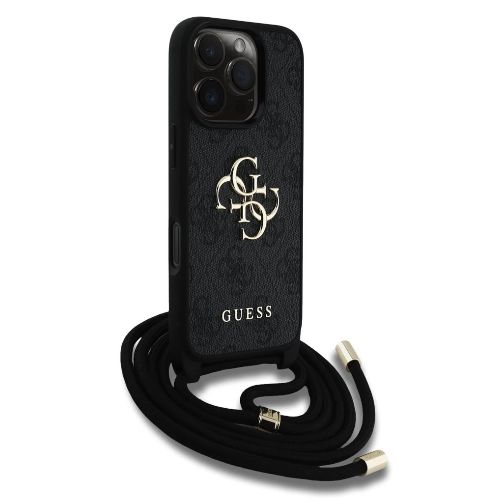Guess PU 4G Metal Logo Crossbody Strap tok iPhone 16 Pro Max készülékhez fekete